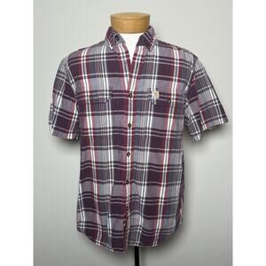 CARHARTT Men's Fort Plaid Short Sleeve Shirt Size M Burgundy Red Relaxed Button